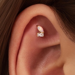 White Fire Opal Titanium Threadless Push Pin Labret Flat Back Earrings