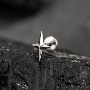 Peut inclure: Une boucle d'oreille à tige de couleur argentée présentant un motif d'étoile à quatre branches avec des rayons pointus et allongés. La boucle d'oreille possède un fermoir plat et circulaire, avec une finition métallique polie et réfléchissante.