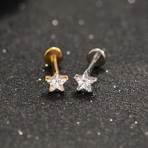 Può includere: Due piercing labret con estremità a forma di stella e pietre trasparenti sfaccettate. Uno presenta un perno e una base color oro, mentre l'altro è color argento. Entrambi i pezzi sono dotati di un disco piatto sul retro per il fissaggio.