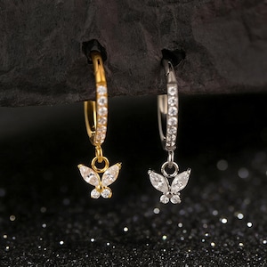 Pendientes de aro pequeños colgantes con forma de mariposa de titanio, 16 g, oro o plata.