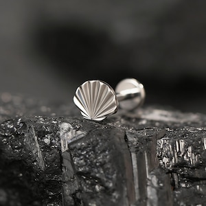 Könnte beinhalten: Ein silberner Ohrstecker in Muschelform. Der Ohrring hat ein detailliertes, fächerförmiges Design und einen kleinen, runden Rücken. Der Schmuck ist vor einem dunklen, strukturierten Hintergrund platziert, der seine reflektierende Oberfläche hervorhebt.