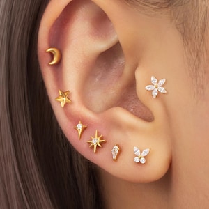 Titanium Threadless Push Pin Labret Flat Back Earring, Moon/Star/Starbrust/Butterfly/Flower/NorthStar/Leaf