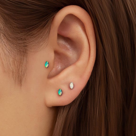 Titanium Marquise Opal Threadless Push Pin Labret Flat Back Earring