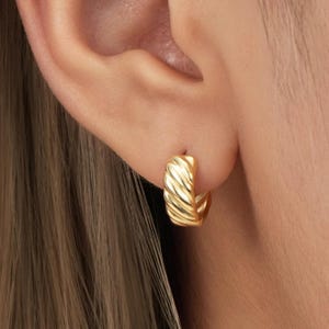 Thick Textured Twisted Huggie Earrings in Sterling Silver, Gold or Silver, Chunky Hoop Earrings, Simple Huggie Earrings