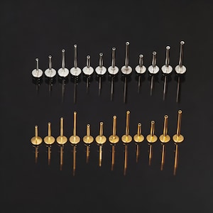 May include: An assortment of silver and gold lip piercing studs. The studs are displayed in two rows, with different post lengths and disc diameters. The background is a dark, reflective surface.