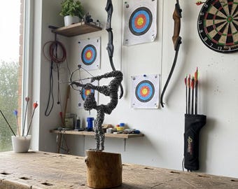 Handmade Wire Sculpture Archer Contortionist Figurine - Unique Metal Art Statue on Natural Wood Base.