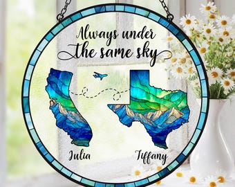 Personalized Long Distance Friendship Stained Glass Suncatcher, State To State Family Gift, Gift for Besties