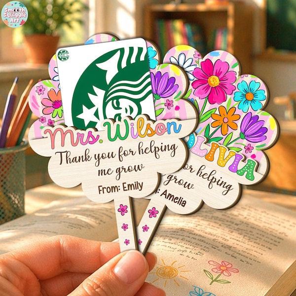 Personalized Wooden Teacher Gift Card Holder, Thank You Appreciation Gift, End Of Year Teacher Gifts, Teacher Plant Sign