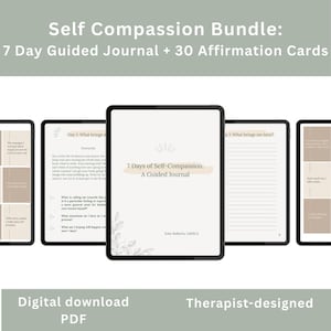 Könnte beinhalten: Ein digitales Download-Bundle mit einem 7-Tage-Tagebuch und 30 Affirmationskarten. Das Tagebuch mit dem Titel "7 Days of Self-Compassion: A Guided Journal" wird auf einem Tablet angezeigt. Der Text "Digital download PDF" und "Therapist-designed" ist ebenfalls enthalten.