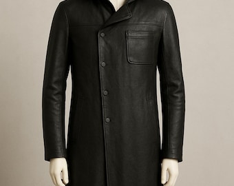 Men's Black Leather Long Coat-Men's Premium Leather Raincoat-Men's Hooded Leather Jacket-Men's Leather Trench Coat-Men's Leather Overcoat