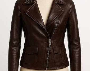 Handmade Brown Leather Jacket For Women-Genuine Sheepskin Leather Jacket For Women-Women's Stylish Real Leather Coat-Women's Leather Outfit