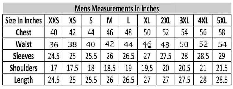 May include: A chart titled "Mens Measurements In Inches" displays size information for clothing. Measurements include chest, waist, sleeves, shoulders, and length, ranging from XXS to 5XL. The chart is in a grid format with clear labels.