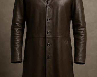 Men's Brown Leather Trench Coat-Men's Premium Leather Long Coat-Men's Genuine Leather Raincoat-Long Leather Jacket For Men-Outfit For Men