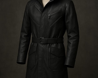 Men's Black Hooded Leather Trench Coat-Handcrafted Leather Long Coat For Men-Classic Men's Long Leather Jacket-Men's Real Leather Raincoat