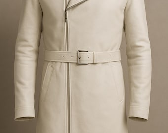 White Leather Raincoat For Men-Men's Premium Leather Trench Coat-Men's Stylish Leather Long Jacket-Men's Leather Coat-Luxury Gift For Him