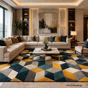 3D Cube Illusion Rug, Geometric Modern Area Rug, Mustard Teal Grey Carpet, Hand Tufted Wool Rug, Scandinavian Living Room Decor