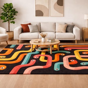 Colorful Abstract Rug, Modern Wavy Pattern Rug, Hand Tufted Area Rug, Mid Century Bold Carpet, Kids Playroom Rug, Statement Floor Decor