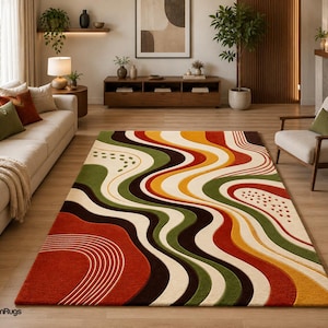 Hand Tufted Abstract Area Rug, Modern Wave Wool Rug, Contemporary Living Room Carpet, Premium Designer Rug, Bedroom, Entryway & Office Decor