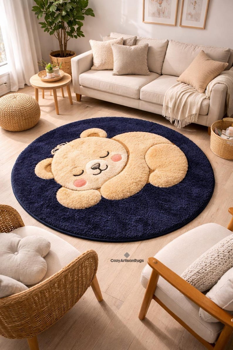 Baby Sleep Rug Cute Teddy Bear Rug, Navy Blue Round Kids Rug, Handmade Tufted Wool Rug ...