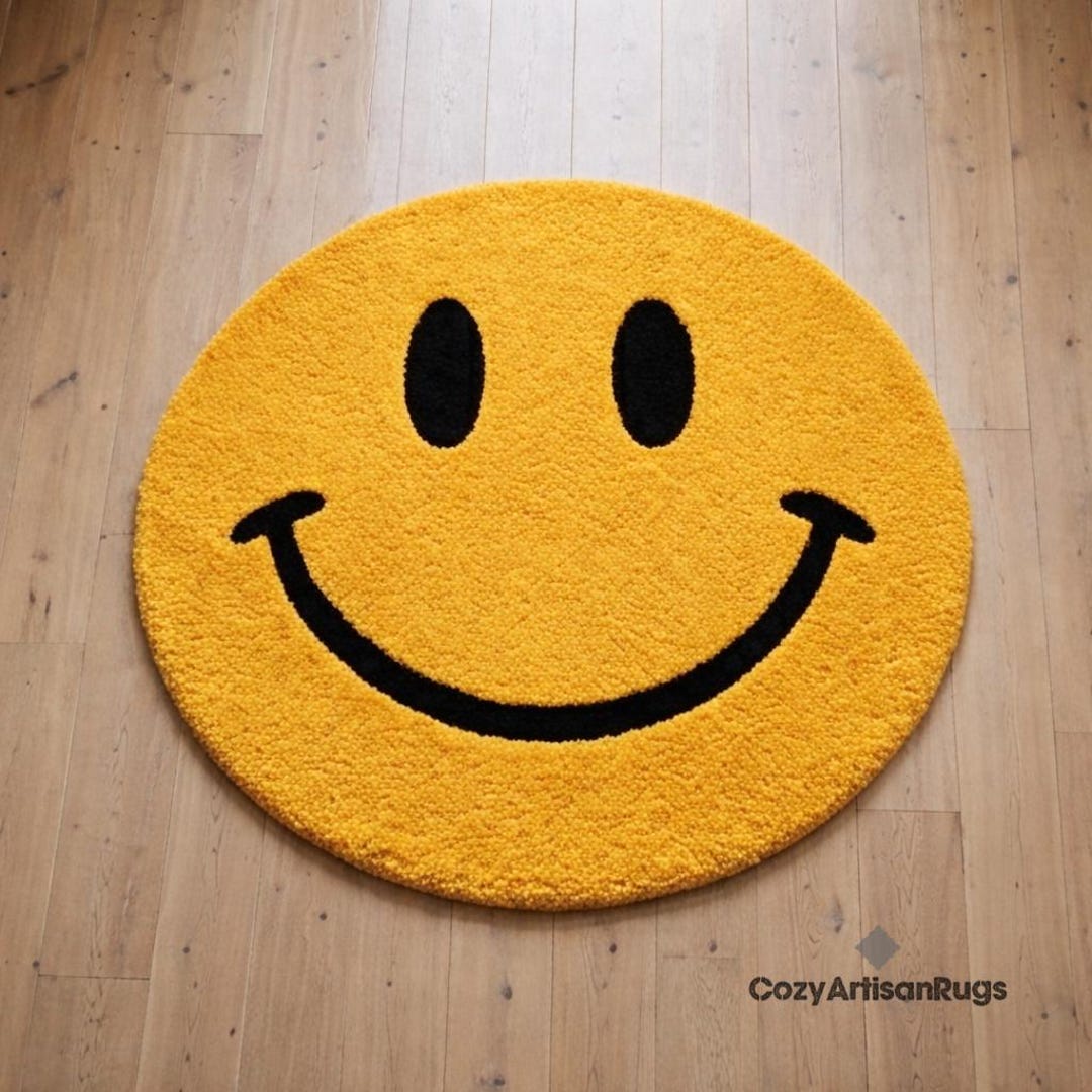 Smiley Face Rug Tufted Wool Rug Round Yellow Rug Aesthetic Room Decor ...