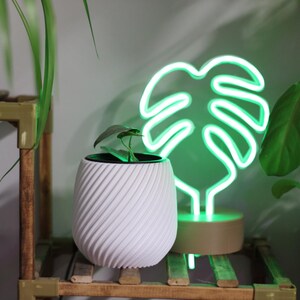 May include: A white, spiral-textured planter pot holding a small green plant. A neon green leaf-shaped light is in the background. The pot sits on a wooden shelf with other greenery.