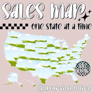 May include: A light pink graphic with a map of the United States, each state filled with a landscape scene. The text "Sales Map" is at the top, with "one state at a time" below. The shop name and logo are at the bottom.