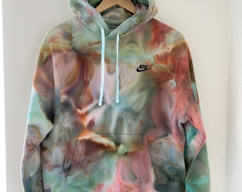 Hand dyed hoodie / greens pinks terracota / tie dye hoody / unique custom ice dyed sweatshirt / petal pattern
