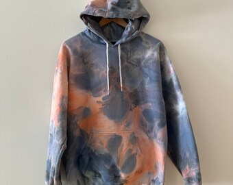 Hand dyed hoodie / orange and black / tie dye halloween hoody / unique custom ice dyed sweatshirt / petal pattern / Size Large