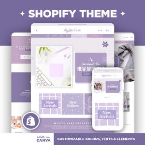 Pode incluir: Uma maquete digital de um tema Shopify, mostrando designs de sites e aplicativos móveis em tons de roxo e branco. O tema apresenta o texto "Mystic Luxe" e exibe categorias de produtos como "Novidades" e "Mais Vendidos". O texto "Shopify Theme" está incluído.