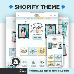 May include: A digital Shopify theme template featuring a pastel color palette with grid backgrounds. The layout displays a website header with the text Pastel Tint, product collection boxes, and a mobile view overlay. Includes icons for shipping, tracking, and handmade items.