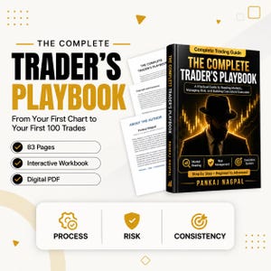 Puede incluir: Un libro titulado The Complete Trader's Playbook de Pankaj Nagpal, con la silueta de una persona con sombrero sobre un gráfico dorado. El texto de la portada incluye A Practical Guide to Reading Markets, Managing Risk, and Building Consistent Execution. Incluye 83 páginas, un libro de ejercicios interactivo y un formato PDF digital.