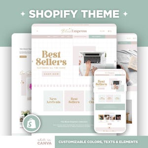 Może przedstawiać: Projekt motywu Shopify z miękką paletą kolorów. Projekt zawiera makiety stron internetowych i mobilnych prezentujące sekcję "Bestsellery" z tekstem "CUSTOMIZABLE COLORS, TEXTS & ELEMENTS". Motyw można edytować w Canva.