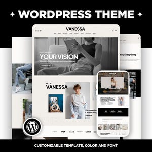 Puede incluir: Un diseño de tema de WordPress con el texto "WORDPRESS THEME" en la parte superior. El diseño incluye maquetas de sitios web en una computadora y un teléfono, mostrando un diseño limpio y moderno con el nombre "VANESSA" y el lema "YOUR VISION".