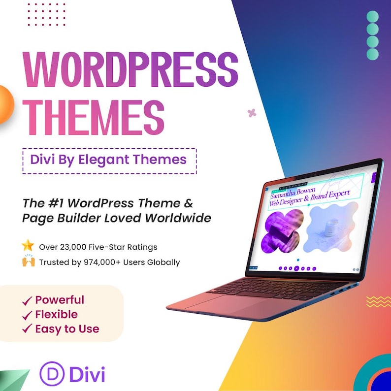 May include: A laptop displaying a website design, with the text "Samantha Bowen Web Designer & Brand Expert." The image promotes WordPress themes, with the text "WORDPRESS THEMES" in large, purple letters. Additional text highlights features and user ratings.