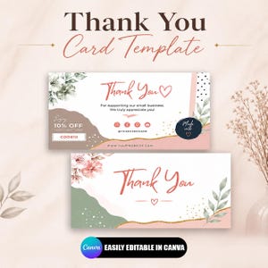 Pode incluir: Dois modelos de cartões de agradecimento retangulares com ilustrações florais, formas abstratas rosas e verdes e detalhes dourados. O texto inclui Thank You, For supporting our small business, Enjoy 10% OFF CODE10 e Made with love.