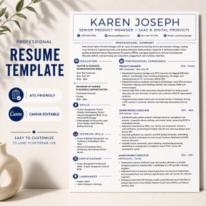 Puede incluir: Una plantilla de currículum profesional para un gerente de producto senior llamado Karen Joseph. El documento presenta un diseño blanco limpio con texto azul oscuro, organizado en secciones de educación, habilidades y experiencia.