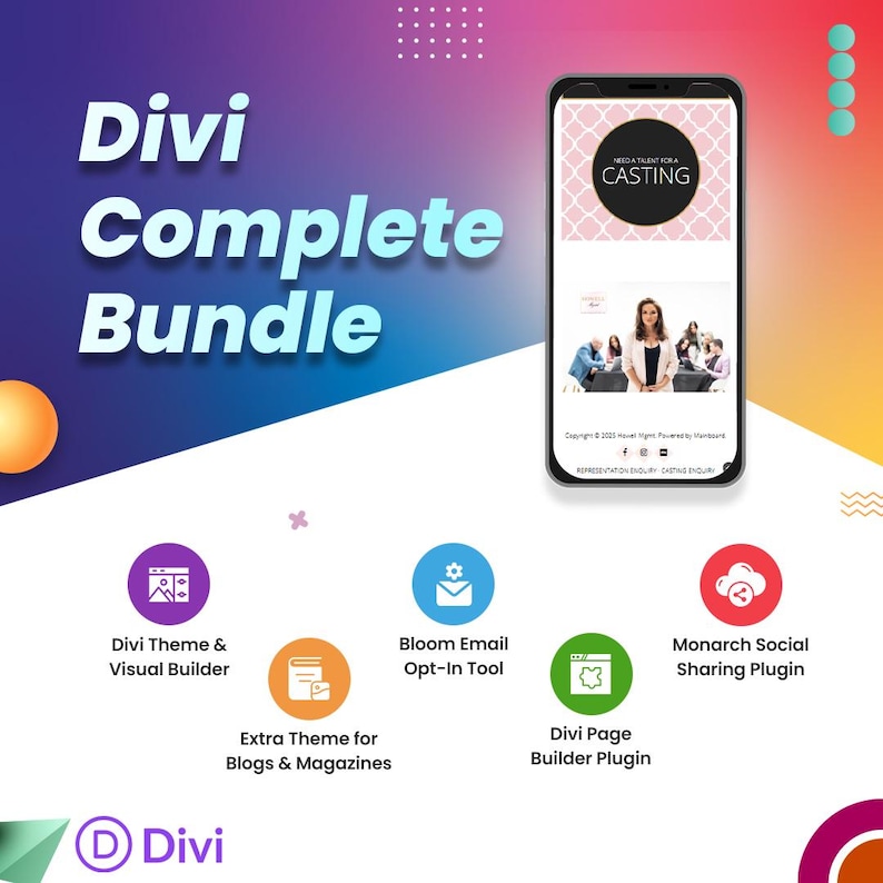 May include: A promotional image for a Divi Complete Bundle. The image features a smartphone displaying a casting call, surrounded by icons for Divi Theme, Bloom Email, and other plugins. The text "Divi Complete Bundle" is prominently displayed.