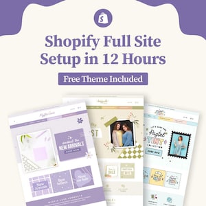 Könnte beinhalten: Werbung für Shopify Full Site Setup in 12 Stunden, inklusive kostenlosem Theme. Das Bild zeigt drei Website-Mockups mit verschiedenen Designs, darunter der Text "Mystic Luxe Products" und "Pastel Tint Collection".