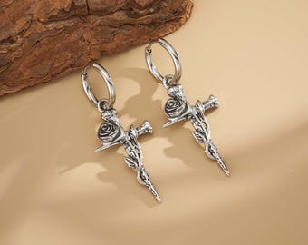 Rose Sword Dangle Hoop Earrings | Edgy Silver Dagger Drop Hoops | Dark Academia Grunge Jewelry | Gothic Earring