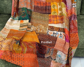 Colcha Boho Patchwork, Colcha Kantha, Colcha Vintage Feita à Mão, Roupa de Cama Boho Tamanho Solteiro, Manta, Colcha Hippie Acolchoada 90 x 60 polegadas