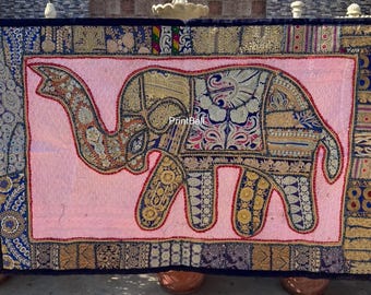Handmade Elephant Embroidered Patchwork Tapestry | Cotton Wall Hanging | Indian Boho Wall | Home Décor