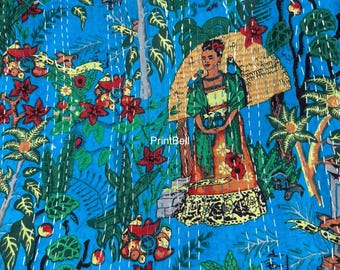 Handgemaakte kantha-quilt met bloemenprint puur katoenen kantha deken sprei sprei kantha bedovertrek boho-quilt