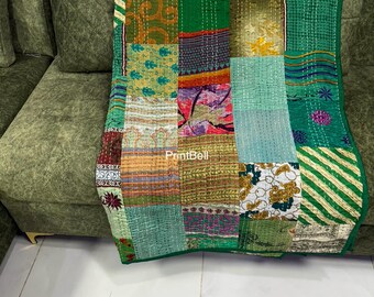 Indian Silk Kantha Quilts Queen Patchwork Bedspread Throw Bedding Comforter Hand Quilted Silk Blanket Throw