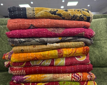 indian kantha quilt, vintage throw blanket, Reversible bed cover size 85"X55" inch