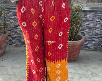 Vintage Cotton Patchwork Kantha Pants Boho Hippie Wide Leg Trousers Reversible Lounge Yoga Casual Palazzo Pants