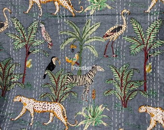 Edredón Kantha indio hecho a mano, colcha de algodón, manta Gudari, cubrecama tamaño queen y cubrecama individual