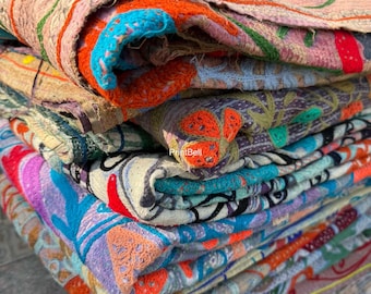 Handmade Suzani Kantha Quilt: Twin Size Floral Embroidered Throw