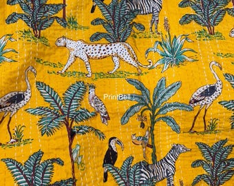 Colcha Kantha india hecha a mano: Cubrecama de algodón con estampado floral