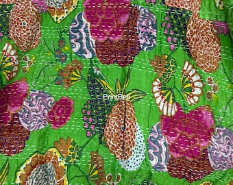 Floral Print Indian Kantha Quilt Bohemian Kantha Quilts Handmade Quilts Indian Kantha Throw Blanket Bedspread Quilting Bed Cover,