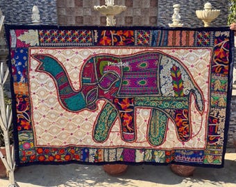 Boho Yellow Wall Hanging Tapestry | Handmade Cotton Elephant Patchwork | Living Room & Bedroom Décor